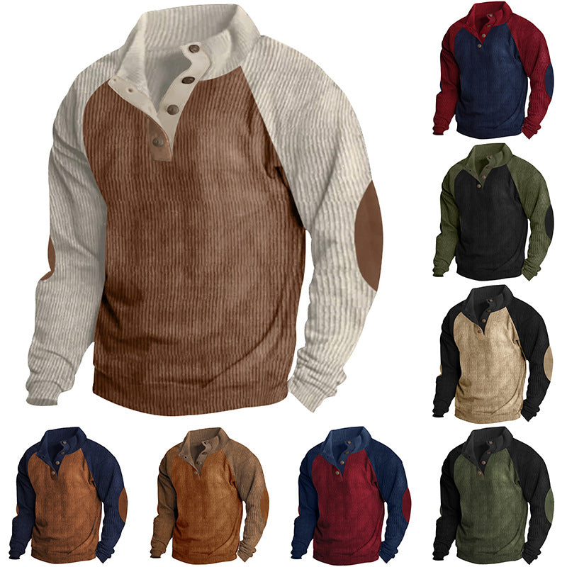 Men's corduroy half-button pullover with high collar, raglan sleeves and elbow patches Mune Fashion