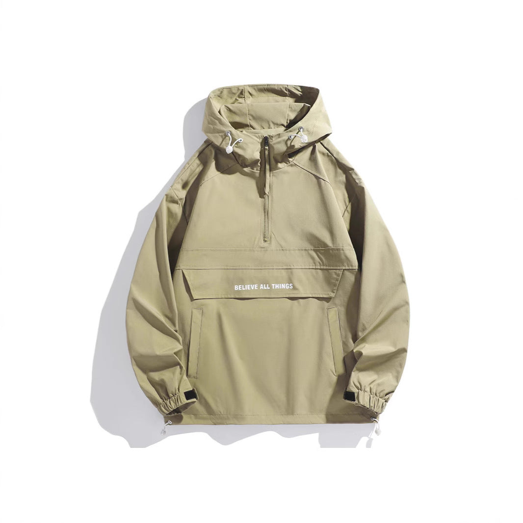 Men's hooded anorak with half zipper, kangaroo pocket and adjustable hem Mune Fashion