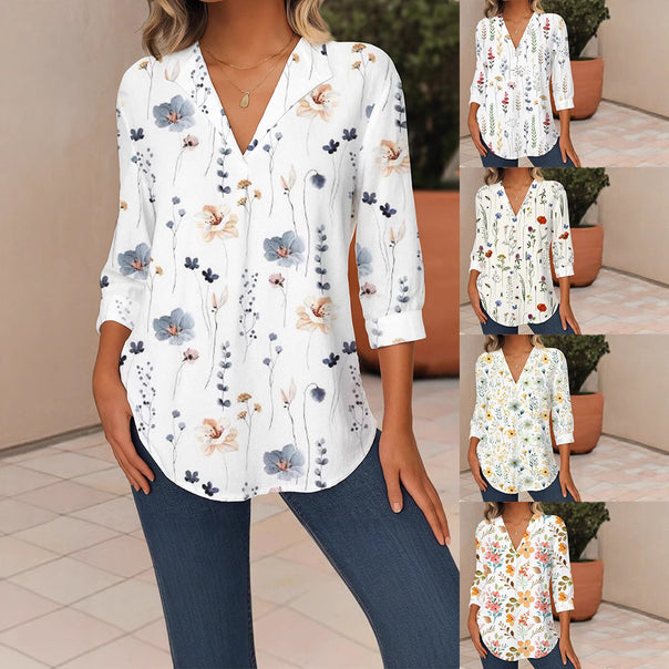 Women's Floral V-Neck Tunic Blouse with Three-Quarter Sleeves and Rounded Hem Mune Fashion