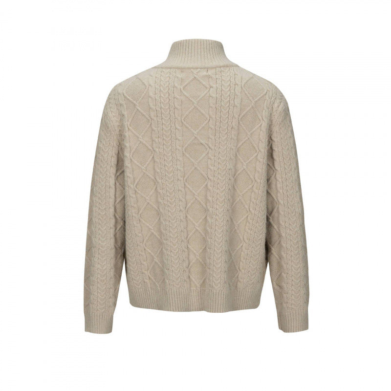Men's Cable Knit Cardigan with Full Zip and High Ribbed Collar Mune Fashion