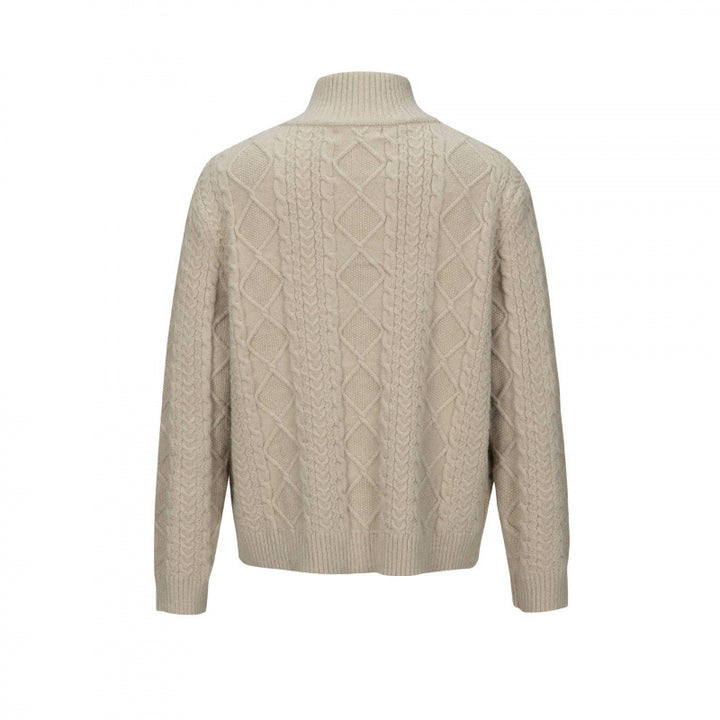 Men's Cable Knit Cardigan with Full Zip and High Ribbed Collar Mune Fashion