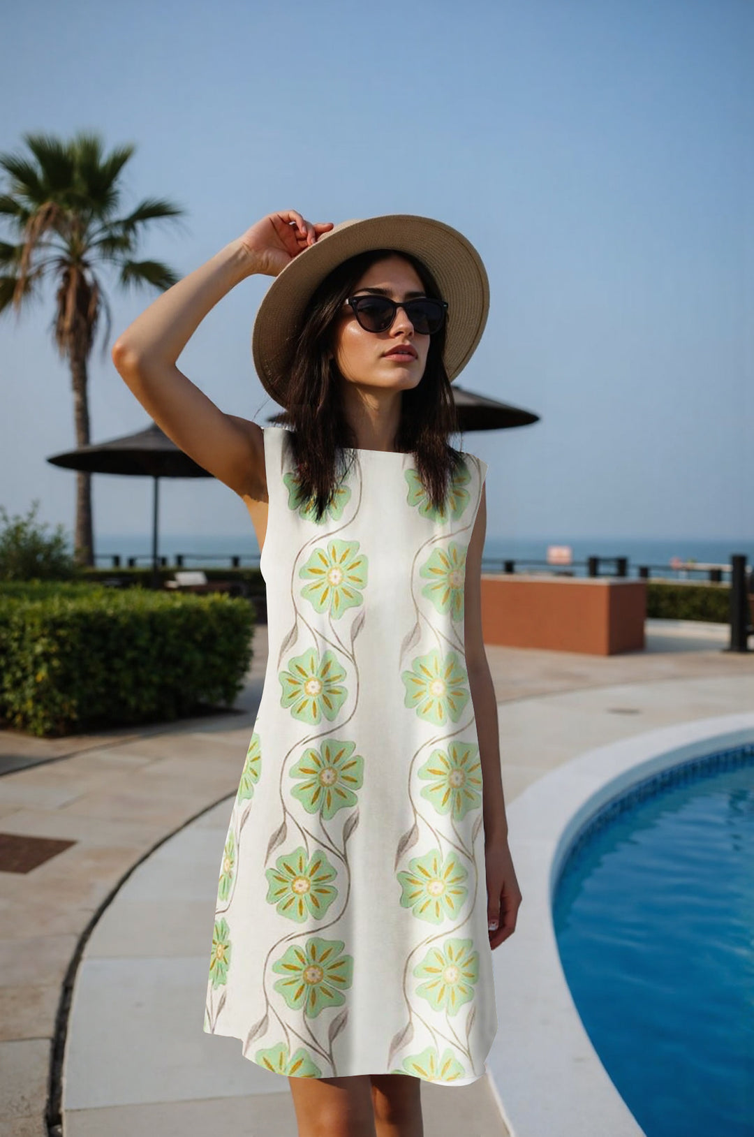 Women's Lightweight Sleeveless Shift Midi Dress with Delicate Floral Print and Straight Neckline Mune Fashion