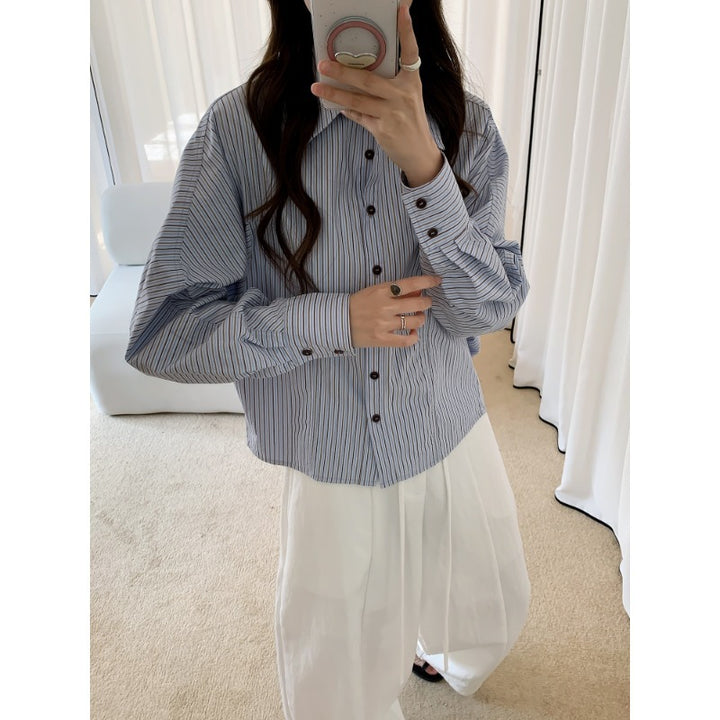 Women Oversized Shirt Blouse with Striped Pattern and Balloon Sleeves Mune Fashion