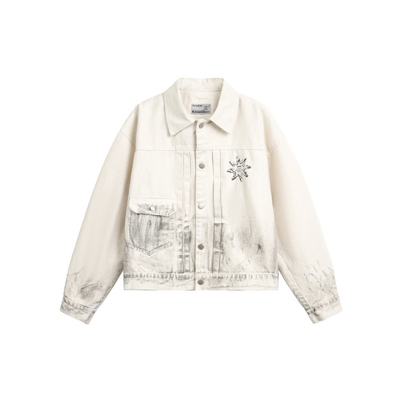Unisex Boxy Denim Jacket with Worn Paint Effect and Subtle Embroidery Mune Fashion