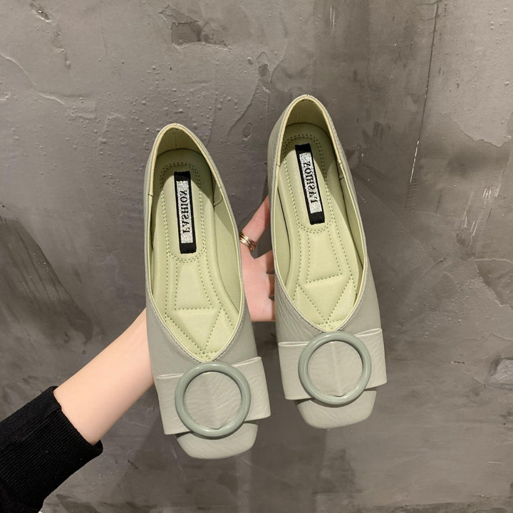Women's Elegant Slipper-Ballet Flats with Square Toe and Decorative Round Buckle Mune Fashion