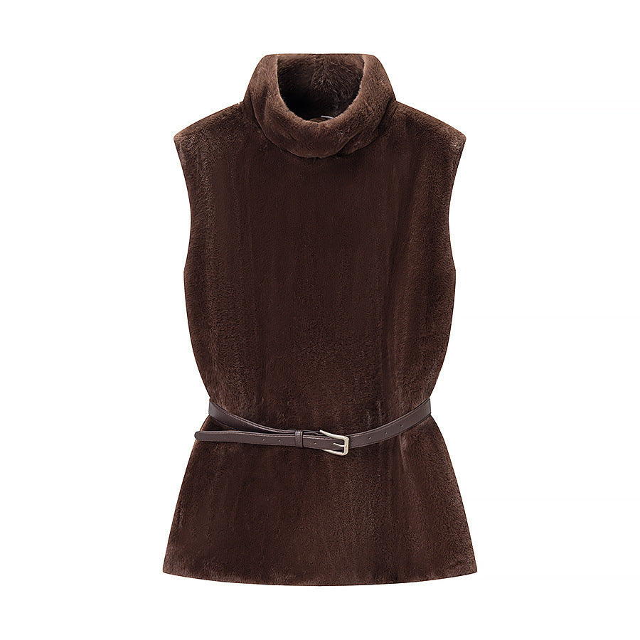 Women's Sleeveless Faux Fur Vest with Stand-Up Collar and Waistbelt Mune Fashion