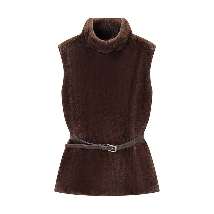 Women's Sleeveless Faux Fur Vest with Stand-Up Collar and Waistbelt Mune Fashion
