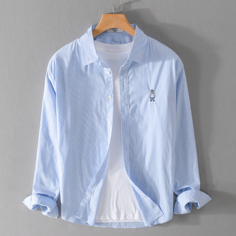 Men's Striped Cotton Shirt with Fine Embroidery and Relaxed Fit Mune Fashion