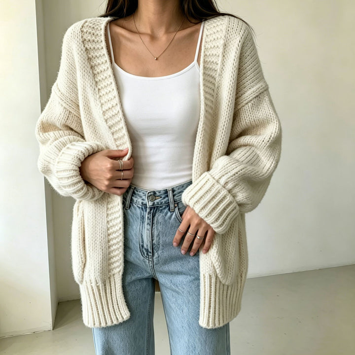 Women's Long Open Chunky Knit Cardigan with Pockets and Ribbed Cuffs Mune Fashion