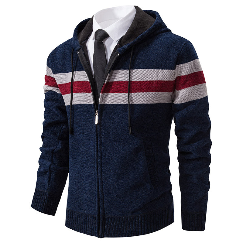 Men's Knitted Hooded Cardigan with Contrast Stripes and Zipper Mune Fashion
