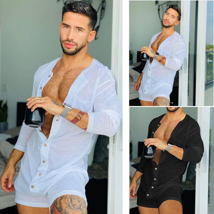Men's comfortable short overall with round neck, continuous wooden button placket and chest pocket Mune Fashion