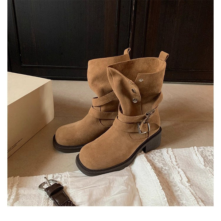Women's suede biker boots with buckles and medium block heel Mune Fashion