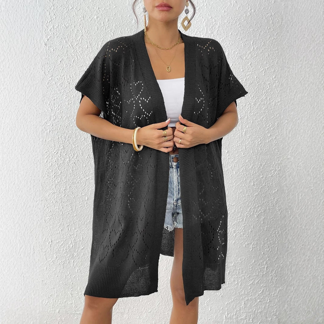 Ladies airy knit kimono with floral lace pattern Mune Fashion