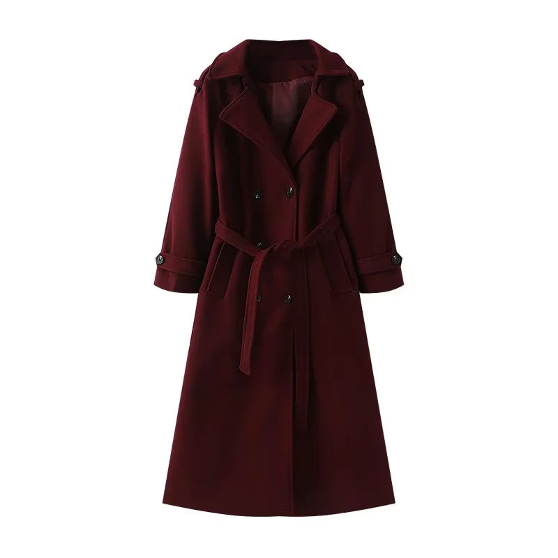 Women's longer wool blend trench coat with shawl collar, waist belt, and double-breasted button placket Mune Fashion