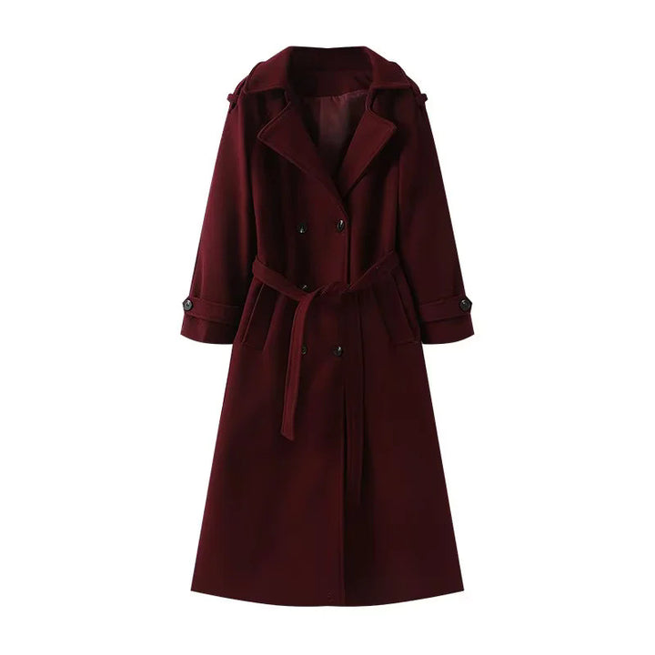Women's longer wool blend trench coat with shawl collar, waist belt, and double-breasted button placket Mune Fashion