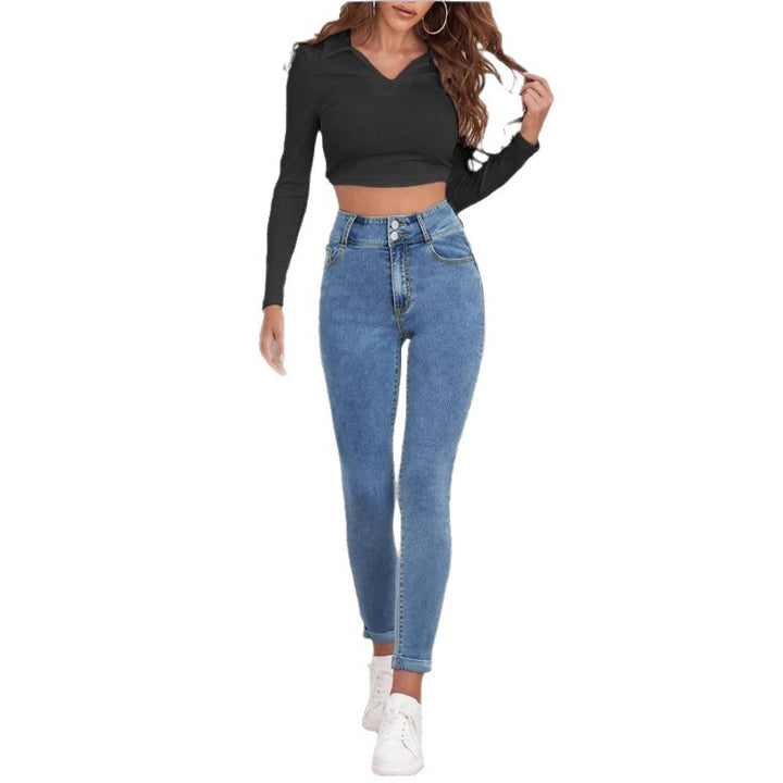 Women High-Waisted Sculpting Skinny Jeans with Double Button and Cuff Detail Mune Fashion
