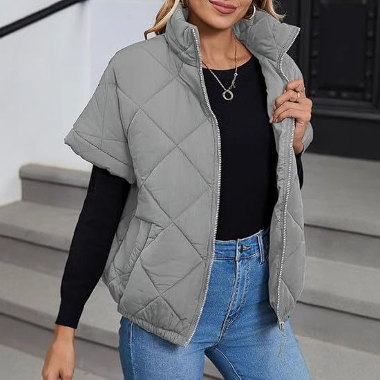Women's Short-Sleeve Quilted Vest with Stand-Up Collar and Zipper Mune Fashion