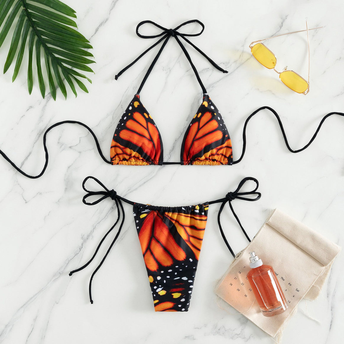Women's triangle bikini with colorful butterfly pattern and adjustable tie straps Mune Fashion