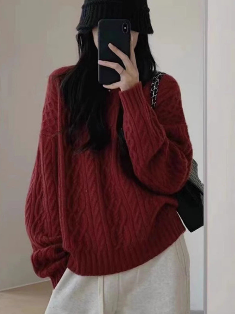 Women Oversize Cable Knit Sweater with Round Neck and Casual Shoulder Partie Mune Fashion