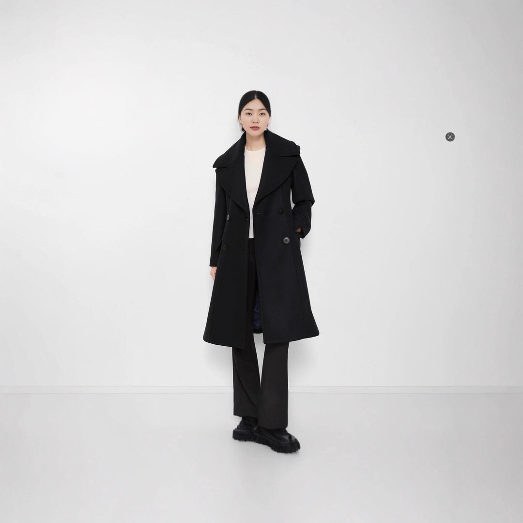 Women's Tailored Double-Breasted Wool Coat with Wide Shawl Collar and Flared Hem Mune Fashion