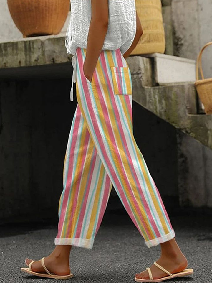 Women's Wide Linen Pants with Striped Pattern Mune Fashion