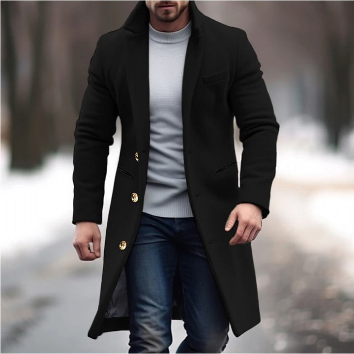 Men's Elegant Single-Breasted Long Coat Made of Wool Blend with Slim Silhouette and Lapel Collar Mune Fashion