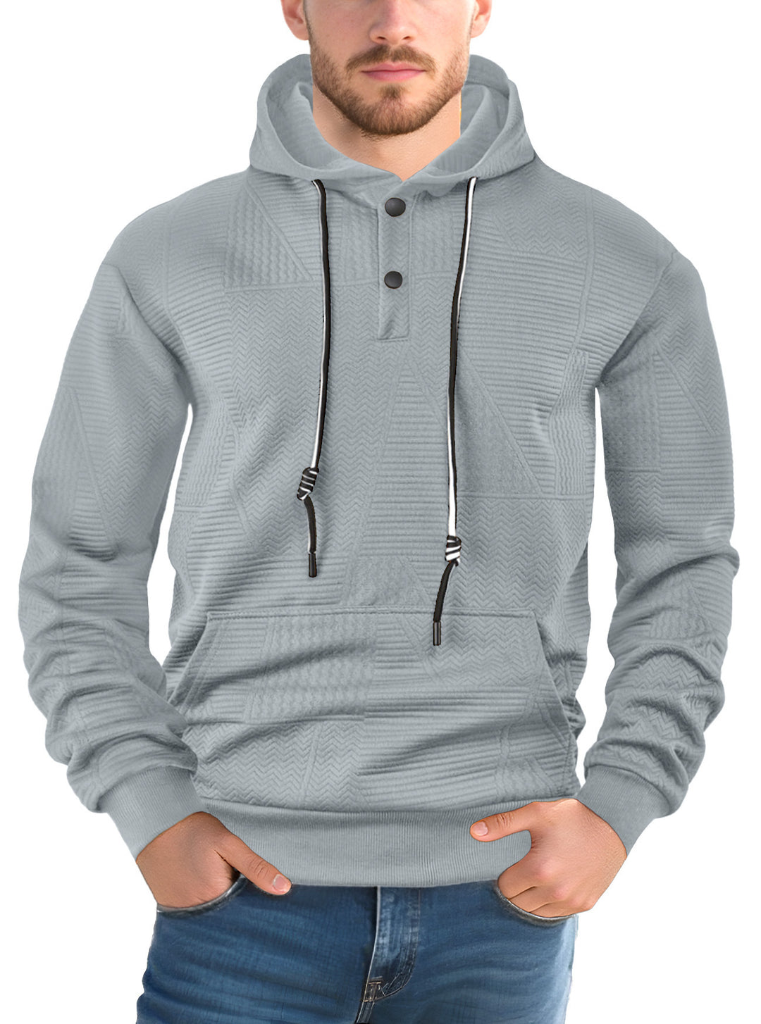 Men's Textured Hoodie with Quilted Patch Structure and Snap Button Placket Mune Fashion