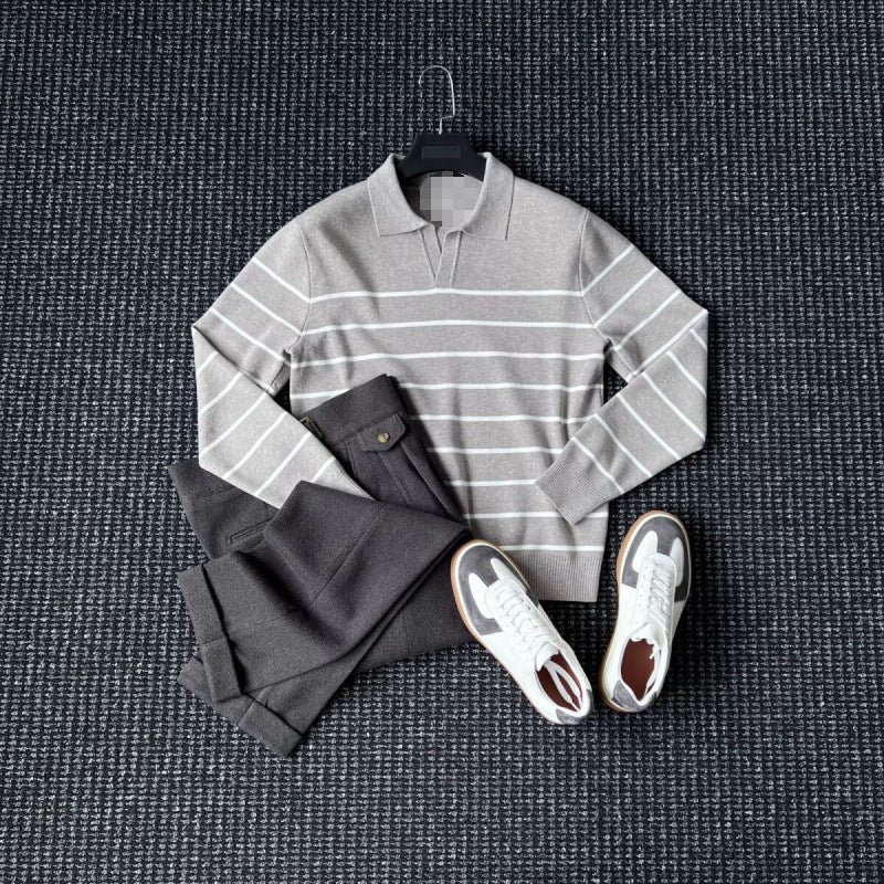 Men's Fashionable Knit Sweater with V-Neck and Stripes Mune Fashion