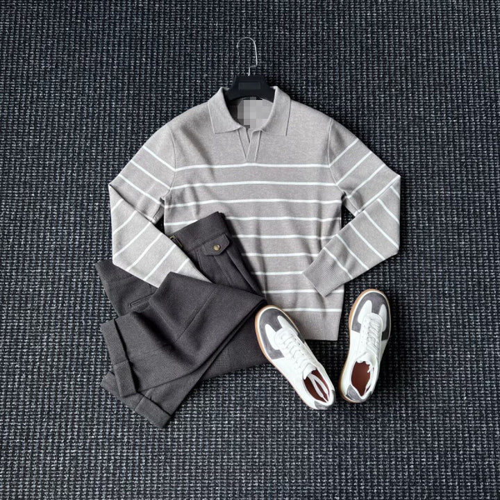 Men's Fashionable Knit Sweater with V-Neck and Stripes Mune Fashion