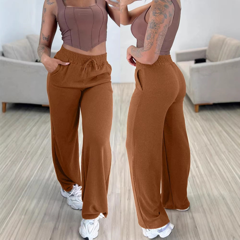 Ladies high-waisted lounge pants with wide leg, drawstring and side pockets Drune