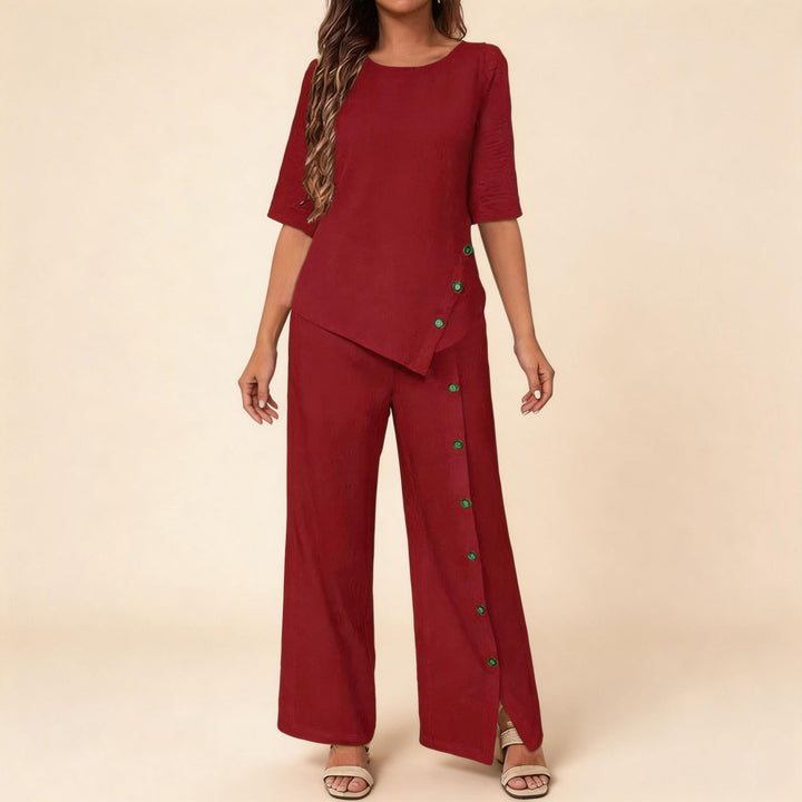 Women's asymmetric two-piece lounge set with 3/4 sleeves and side button decoration Mune Fashion