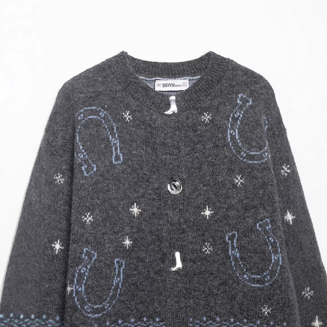 Women's knit cardigan with horse and horseshoe jacquard and decorative buttons Mune Fashion