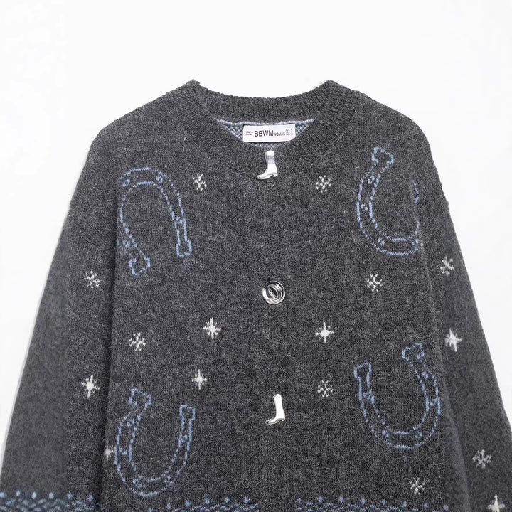 Women's knit cardigan with horse and horseshoe jacquard and decorative buttons Mune Fashion
