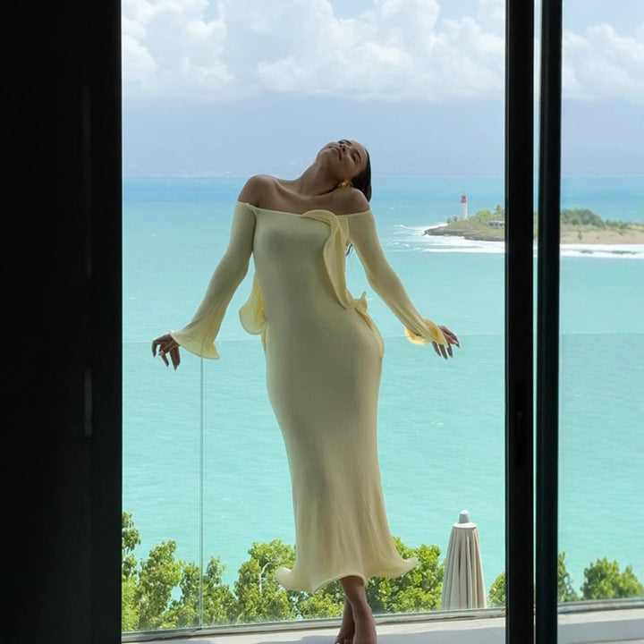 Women's Figure-Hugging Knit Maxi Dress with Off-the-Shoulder Neckline and Flared Sleeves Mune Fashion