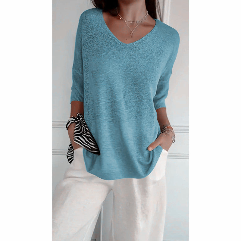 Women's relaxed fit V-neck fine knit pullover with three-quarter sleeves Mune Fashion