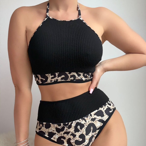 Women High-Waisted Bikini Set with Sporty Top and Animal Print Mune Fashion