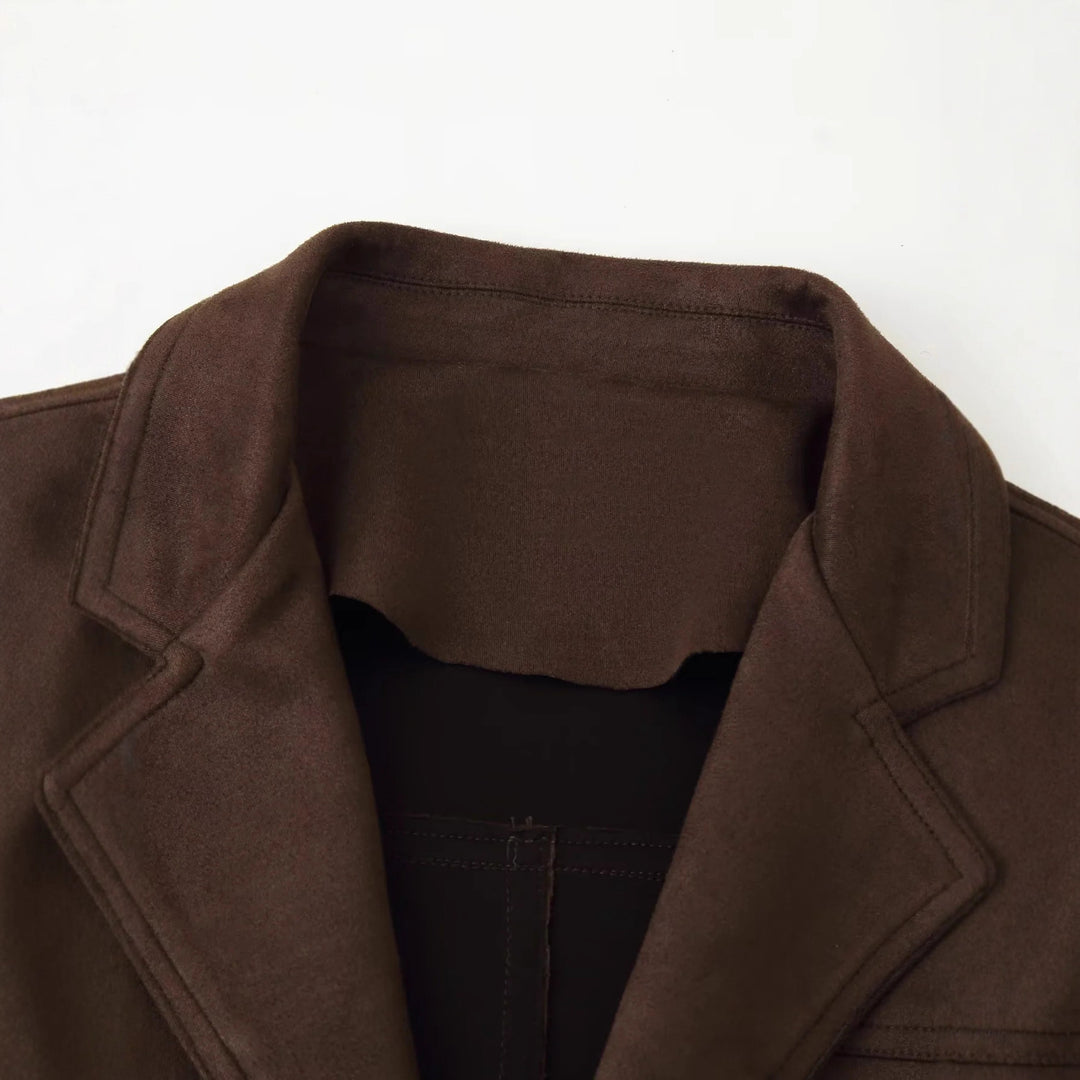 Women tailored waist belt blazer jacket made of velvet imitation with flap pockets Mune Fashion