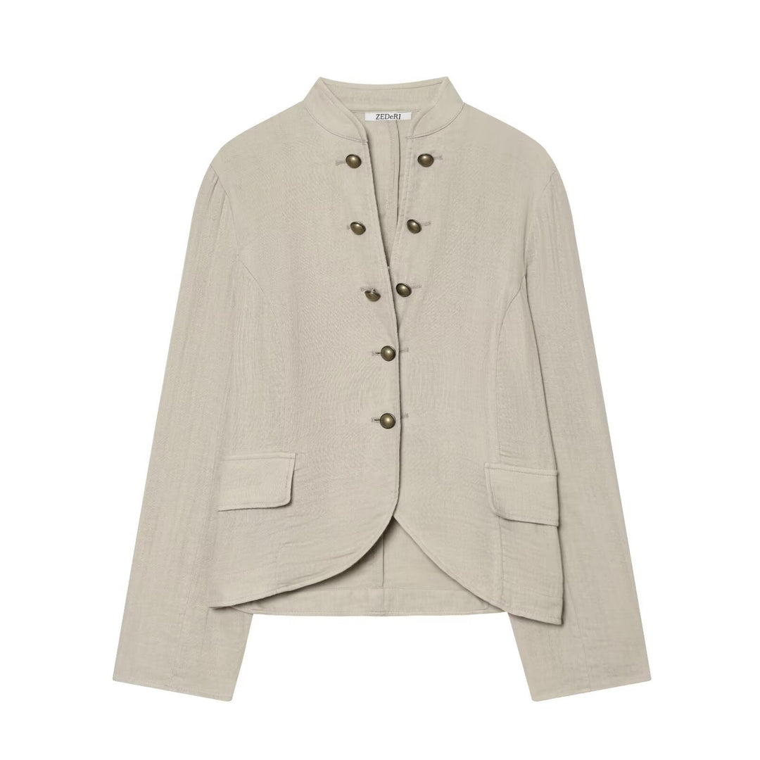 Women's short blazer with stand-up collar, decorative button placket, and rounded hem Mune Fashion