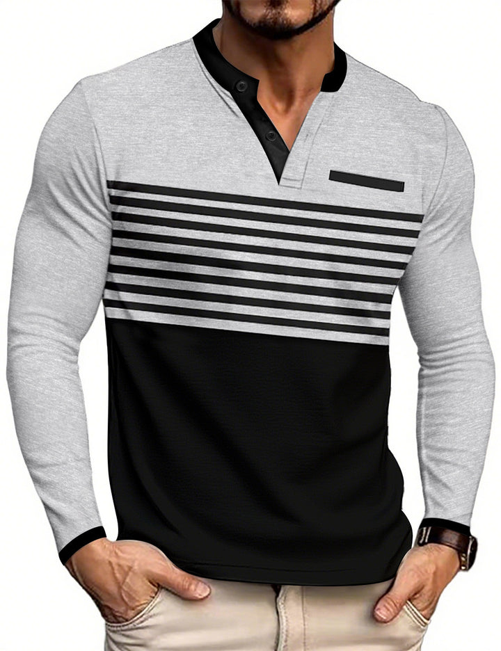 Men's modern long sleeve polo with Henley placket striped chest part and stand-up collar Mune Fashion