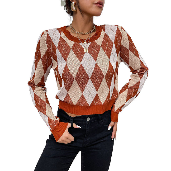 Women's Tailored Short Sweater in Diamond Pattern with Fine Knit and Ribbed Cuffs Mune Fashion