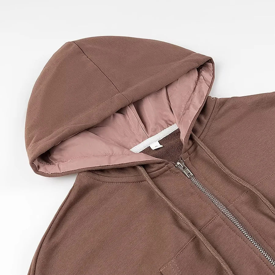 Women's cropped hoodie jacket with full zip, padded hood, and kangaroo pockets Mune Fashion