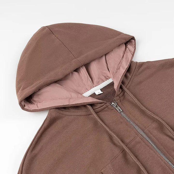 Women's cropped hoodie jacket with full zip, padded hood, and kangaroo pockets Mune Fashion