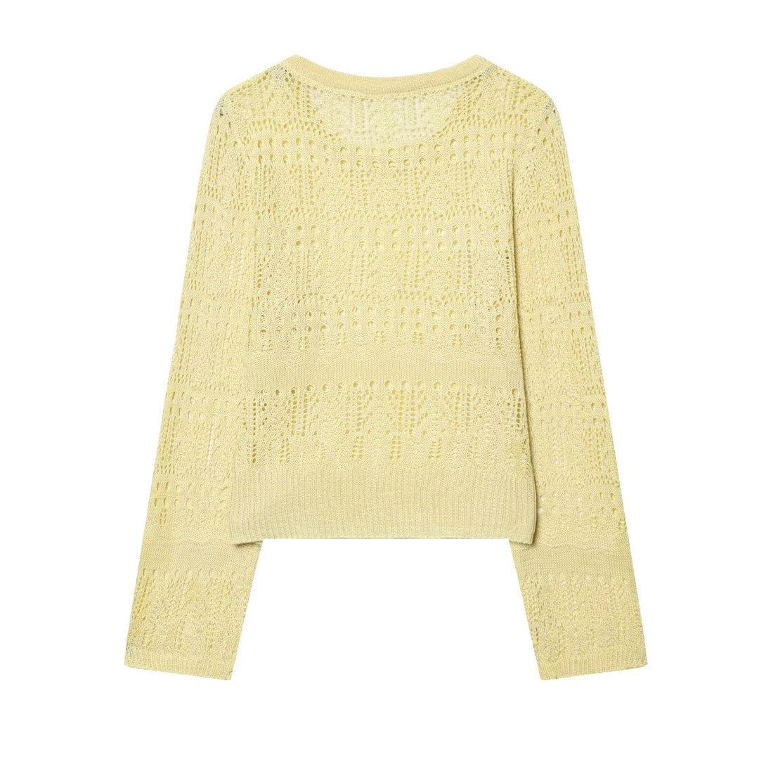 Women's fine knit openwork pullover with round neck and delicate lace pattern Mune Fashion