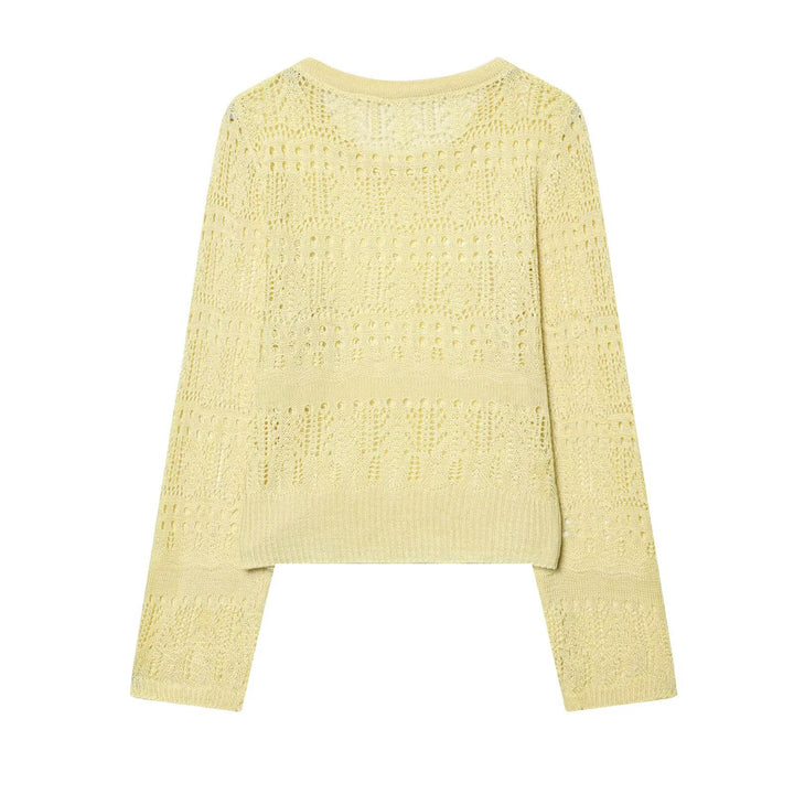 Women's fine knit openwork pullover with round neck and delicate lace pattern Mune Fashion