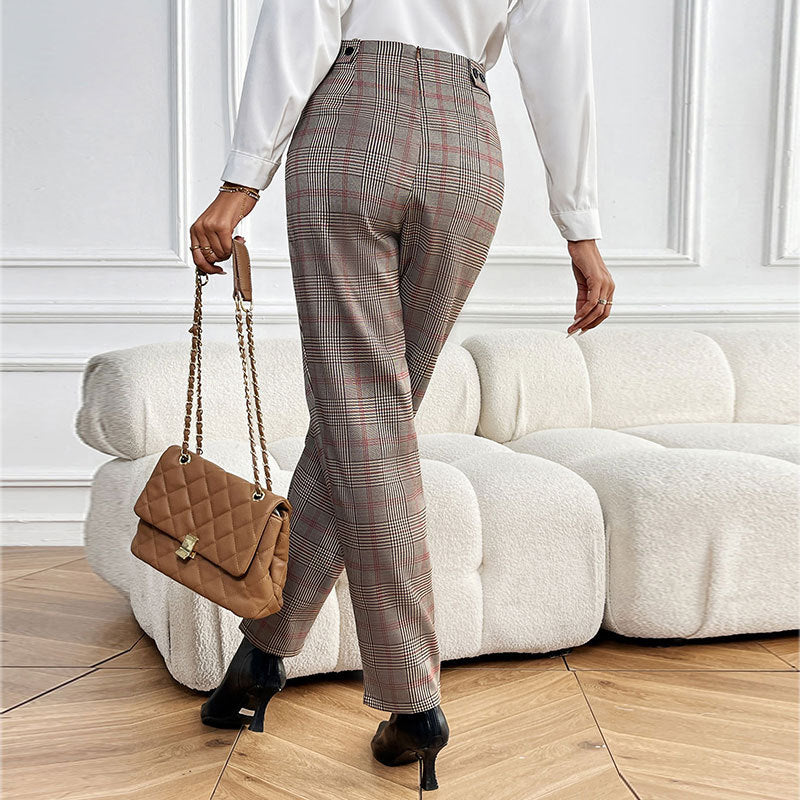 Women's Checkered High-Waisted Pleated Trousers with Straight Leg Mune Fashion