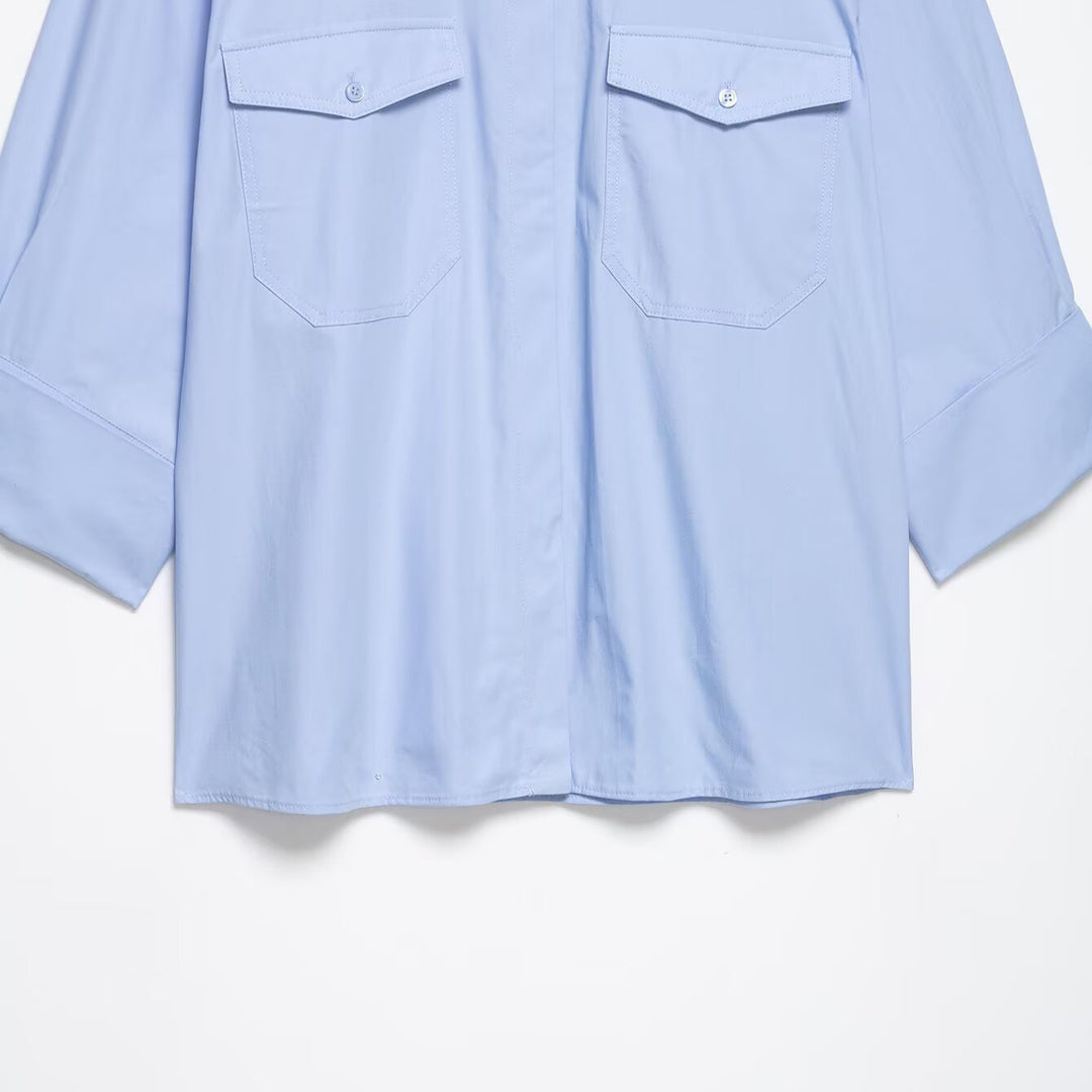 Women’s Oversized Shirt Blouse in Utility Style with Epaulettes and Flap Pockets Mune Fashion