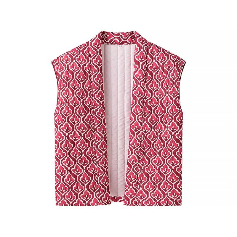 Women's non-quilted sleeveless vest with open kimono front and decorative all-over pattern Mune Fashion