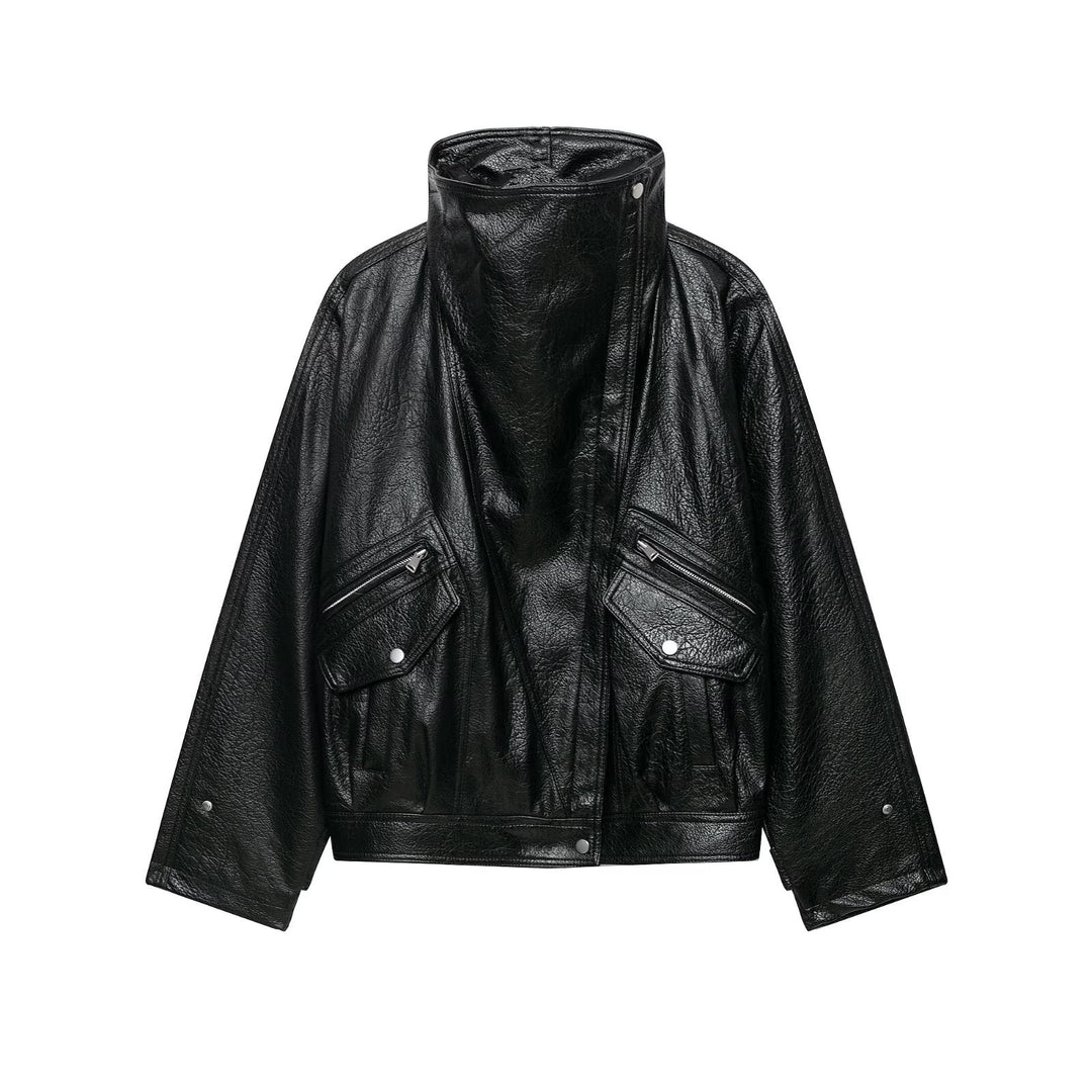 Women's Oversized Faux Leather Jacket with High Stand-Up Collar and Zipper Pockets Mune Fashion