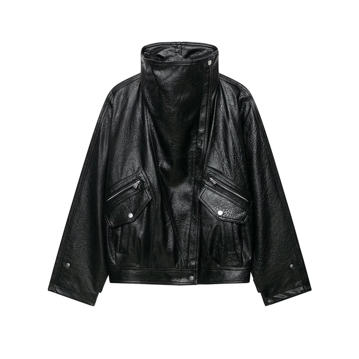 Women's Oversized Faux Leather Jacket with High Stand-Up Collar and Zipper Pockets Mune Fashion