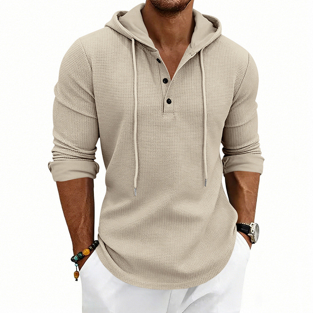 Men's Waffle Knit Henley Hoodie with Button Placket and Hood Mune Fashion